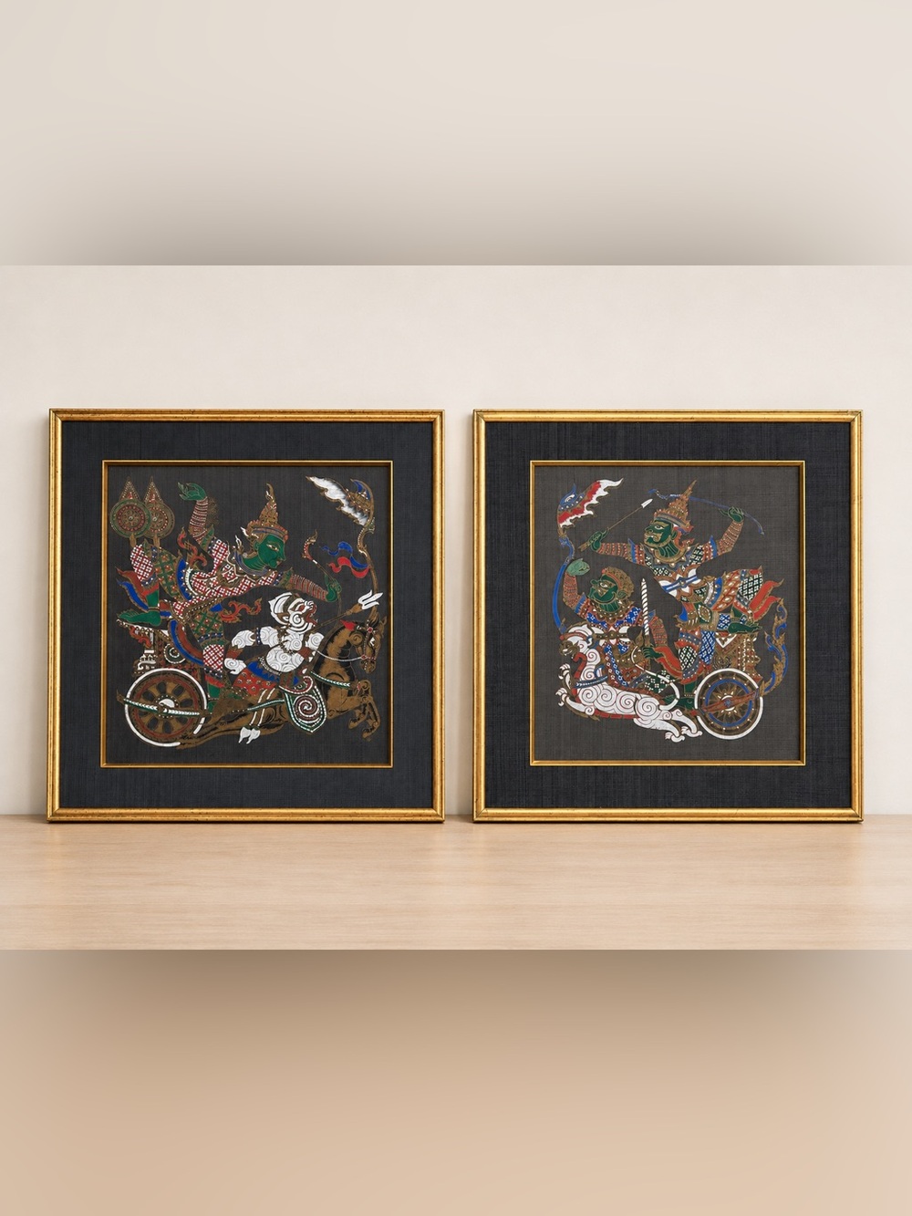 Pair Vintage Thai Ramakien Framed Fabric Paintings 25x23 Gold Asian Wall Art